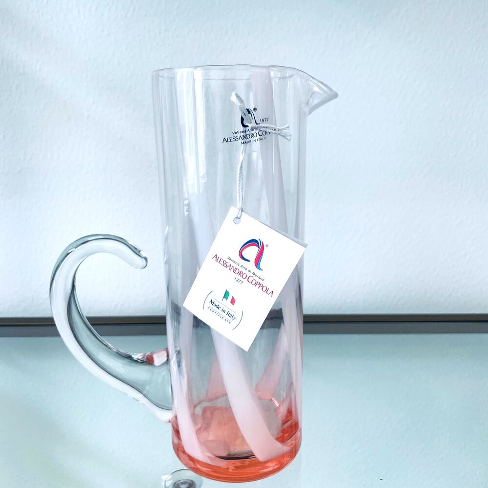 Di Murano ALESSANDRO COPPOLA Glass Pitcher 34oz Pink & White Stripe Italy NEW